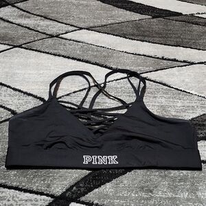 VS PINK 2017 ULTIMATE BLACK STRAPPY V-NECK SILVER REFLECTIVE LOGO SPORTS BRA